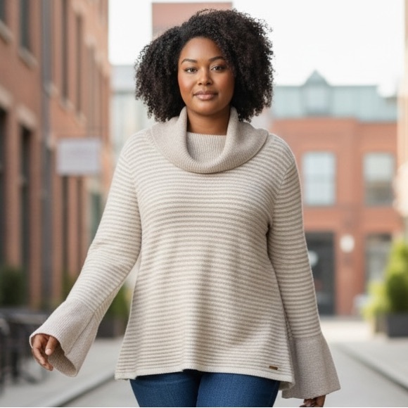 Calvin Klein Elegant Cream Copper Metallic Striped Cowl Neck Sweater Size M - Picture 1 of 16